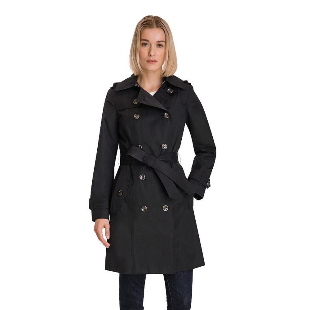London Fog Black Trench Coat XL Belted Hooded Double Breasted Jacket